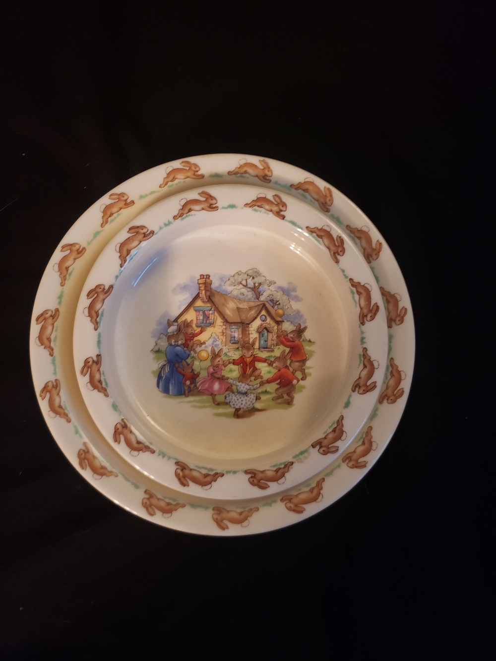 Children's Vintage Bunny Rabbit Accent Bowl and Plate Set - White with Brown